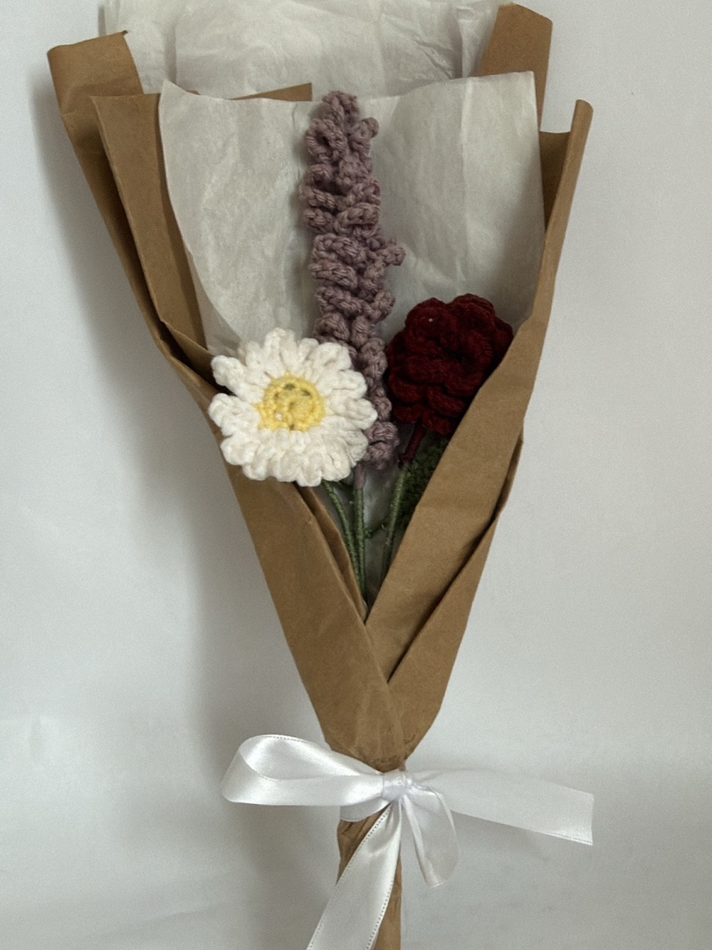Handmade Crochet Floral Bouquet in White, Lavender & Burgundy